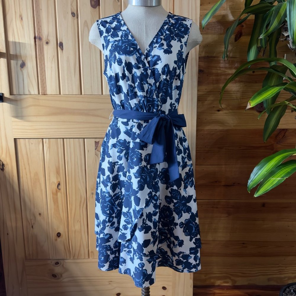 Tommy Hilfiger Womens Faux Wrap White Blue Floral A Line Dress 6